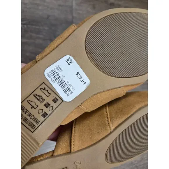 Qupid Tan Camel Faux-Suede Gold Buckle Mules Flats Shoes Pointed Toe Size 8.5 - Picture 8 of 8